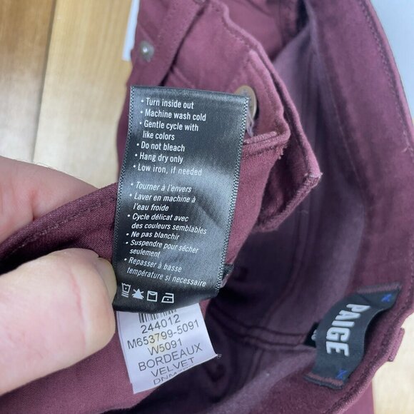 PAIGE Lennox Slim Fit Five Pockets Red Bordeaux Velvet Pants Size 28 - Picture 12 of 12